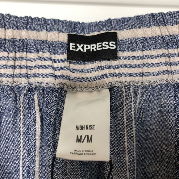 NWT Express Wms M Blue Striped High Waist Linen Blend Pants Wide Split Leg - Picture 3 of 12